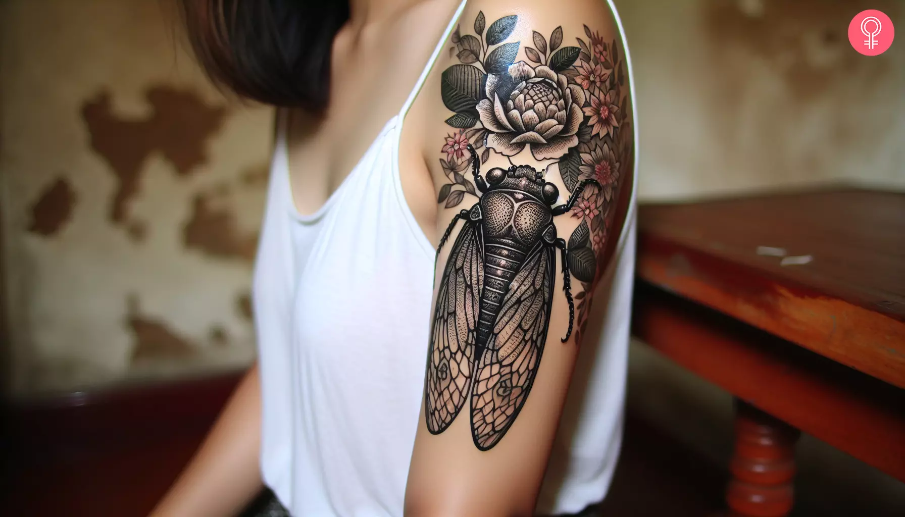 A woman with a cicada bug tattoo