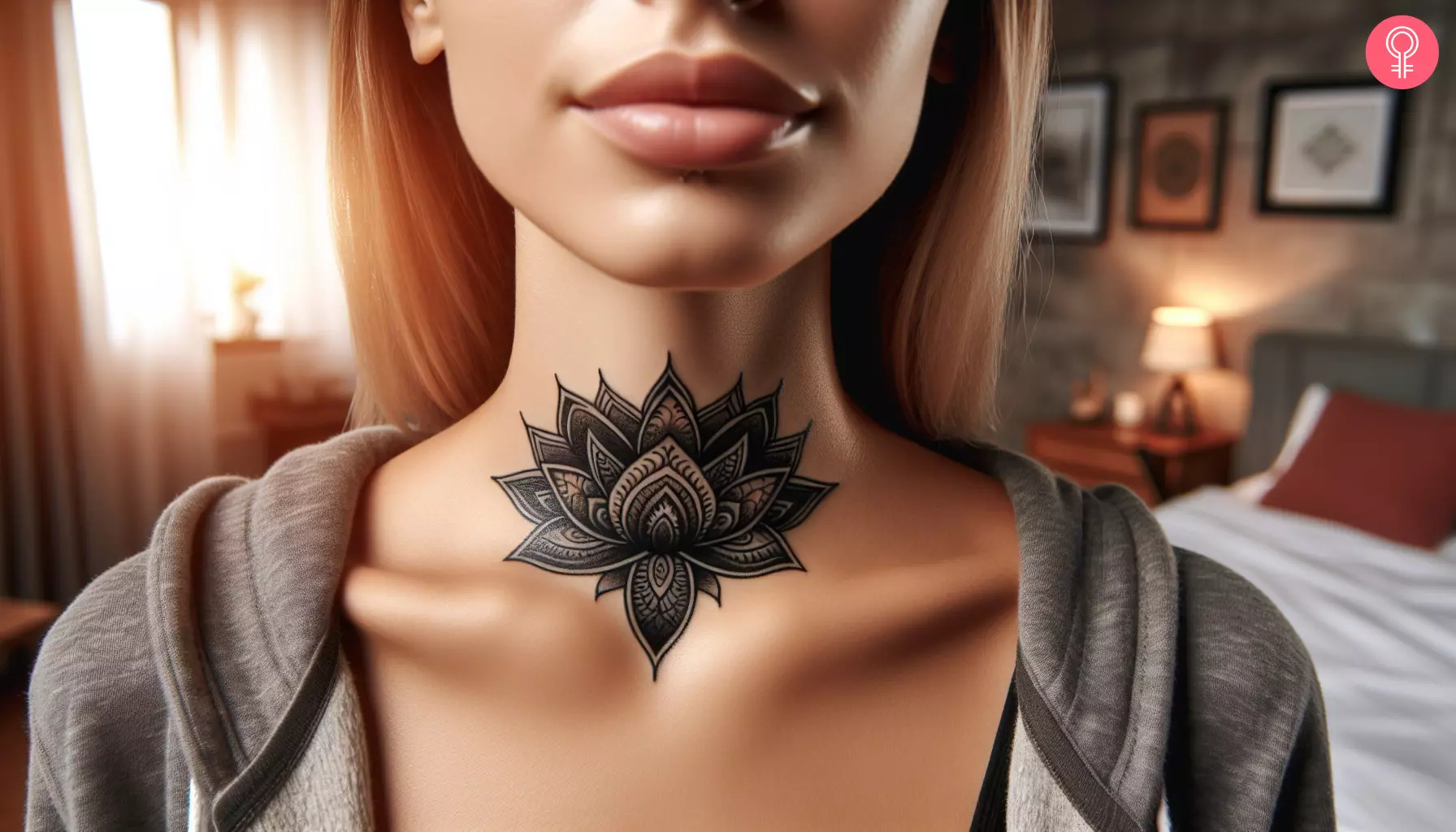 A woman with a classy throat tattoo