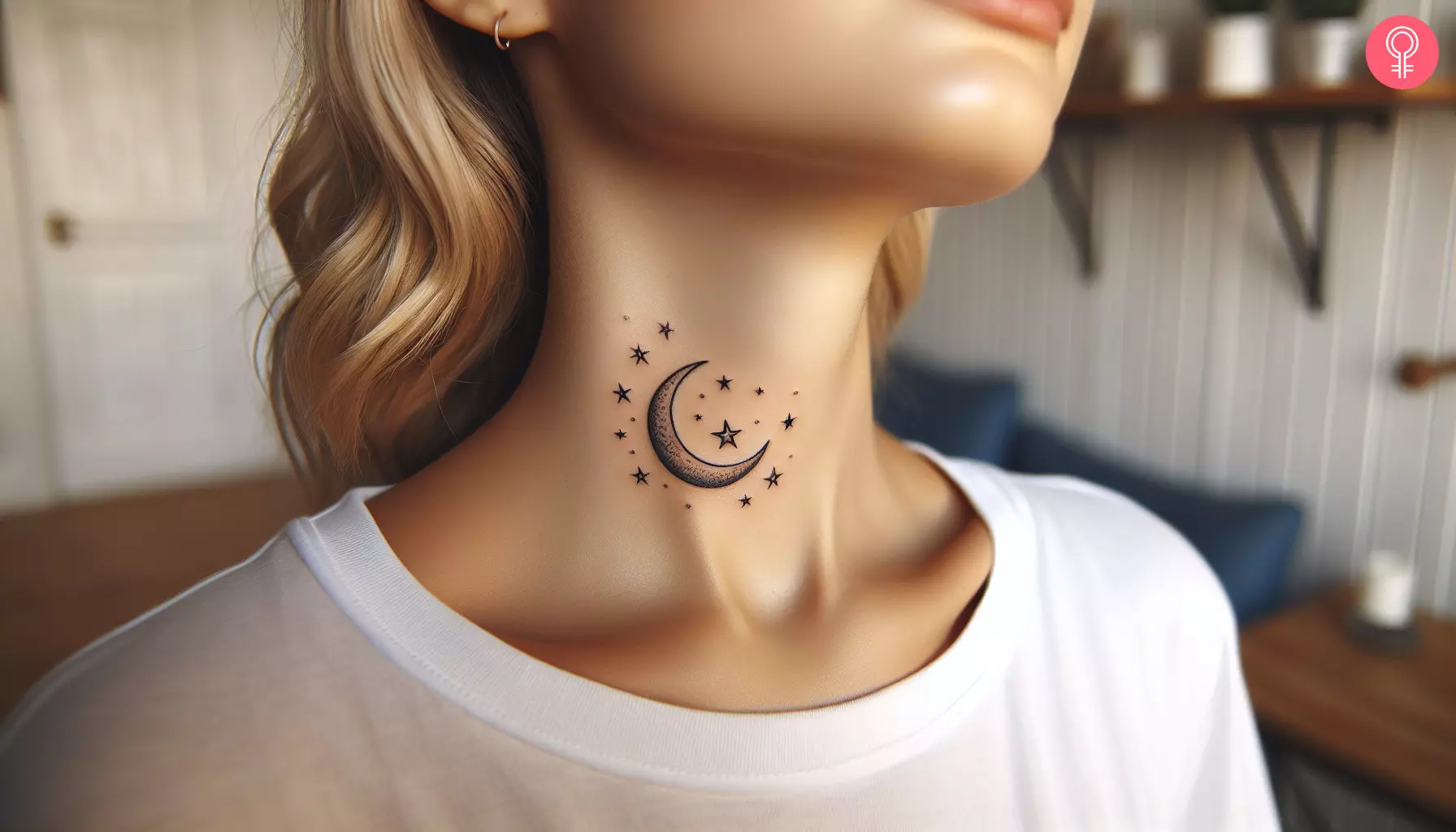 A woman with a cute moon and stars tattoo on her throat
