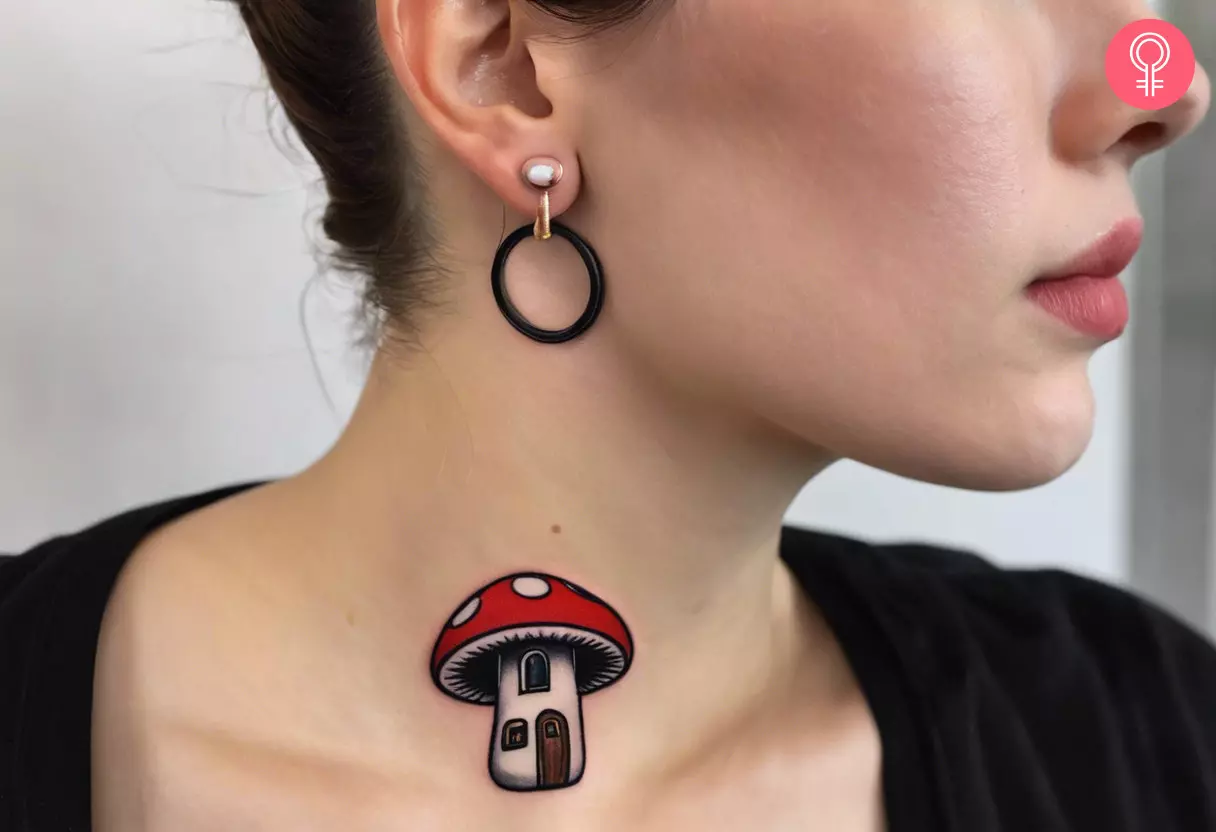 A woman with a cute mushroom tattoo on her neck