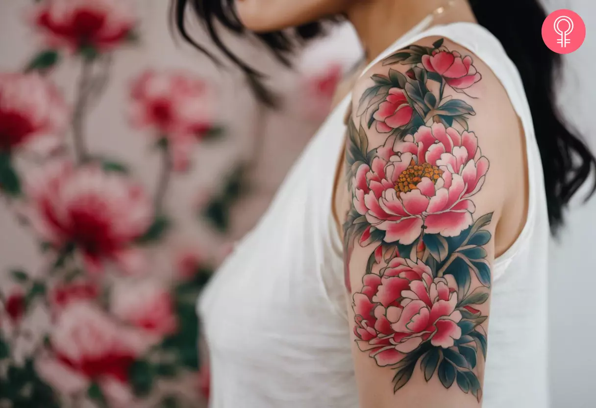 A woman with a floral Chinese tattoo on her upper arm