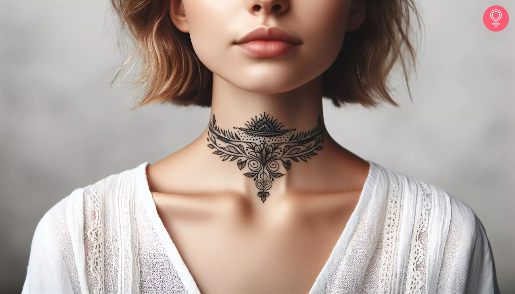 A woman with a floral front neck throat tattoo