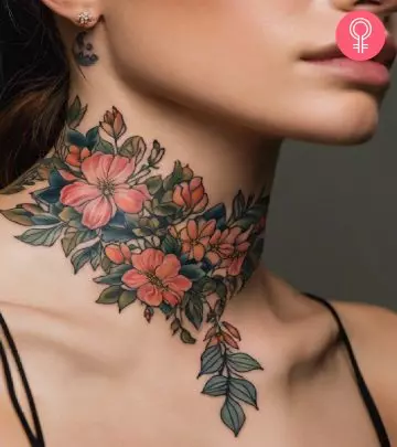 A butterfly tattoo on a woman’s neck