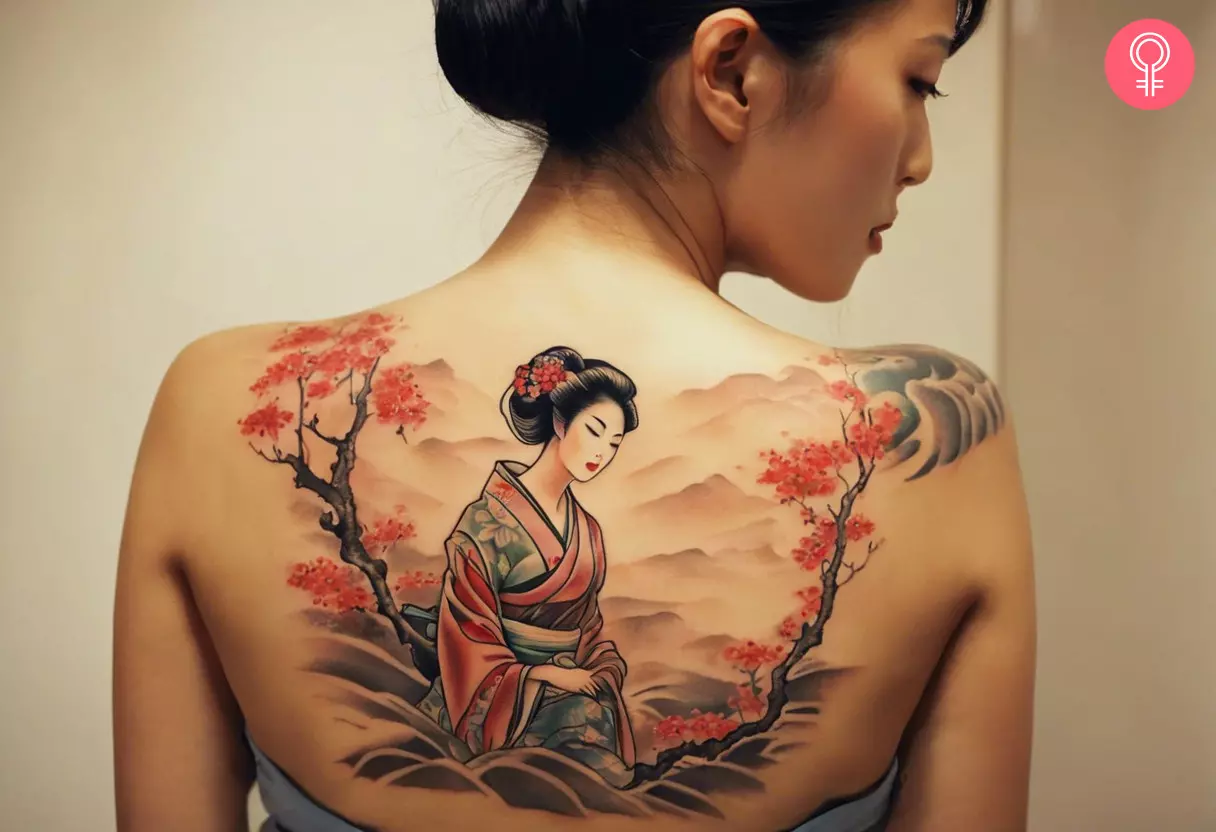 A woman with a geisha back tattoo