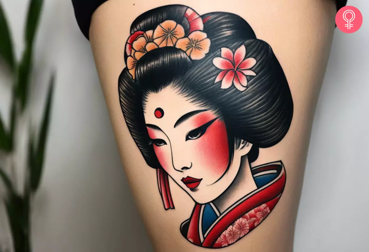 A woman with a geisha head tattoo on her thigh