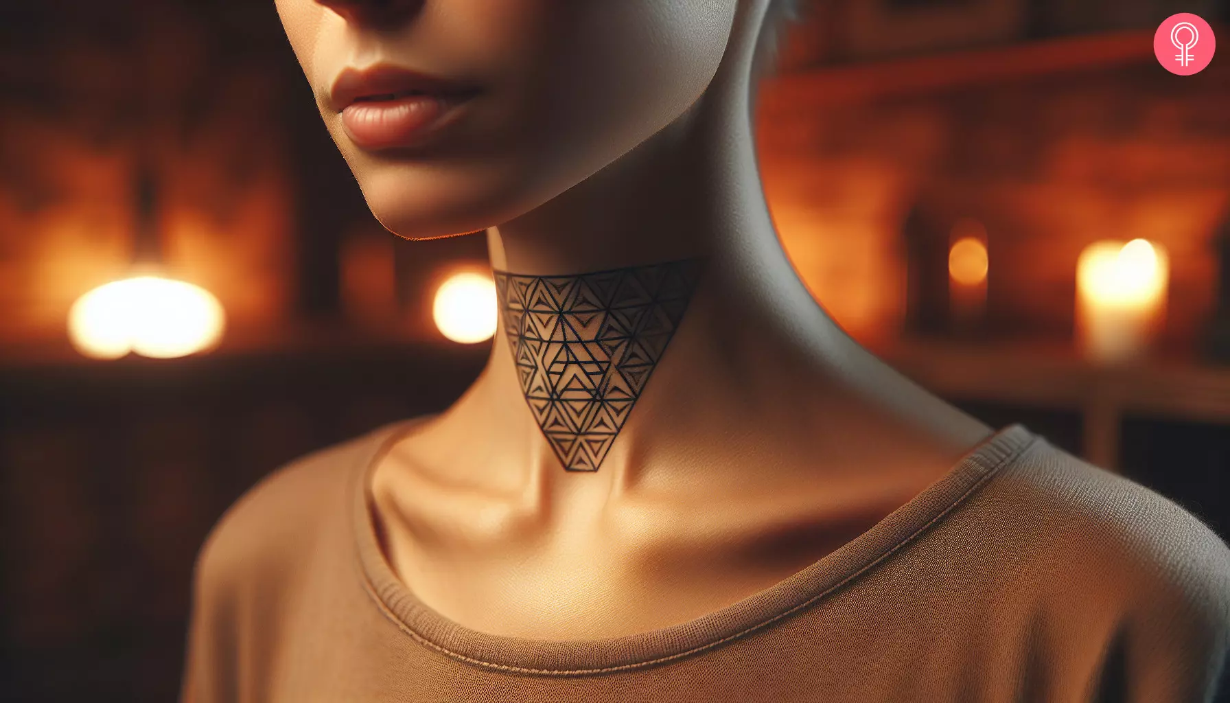 A woman with a geometric throat tattoo
