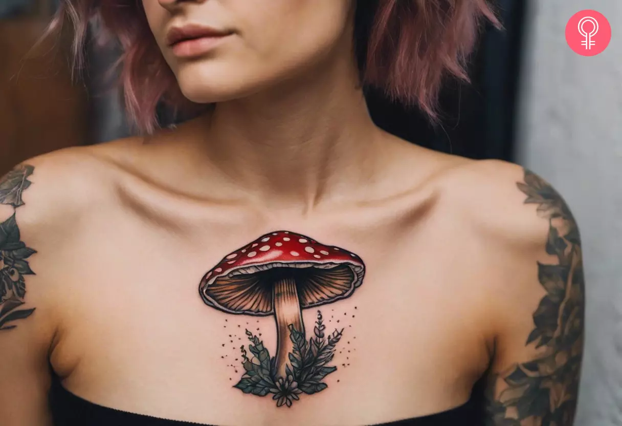 A woman with a magic mushroom tattoo on her chest