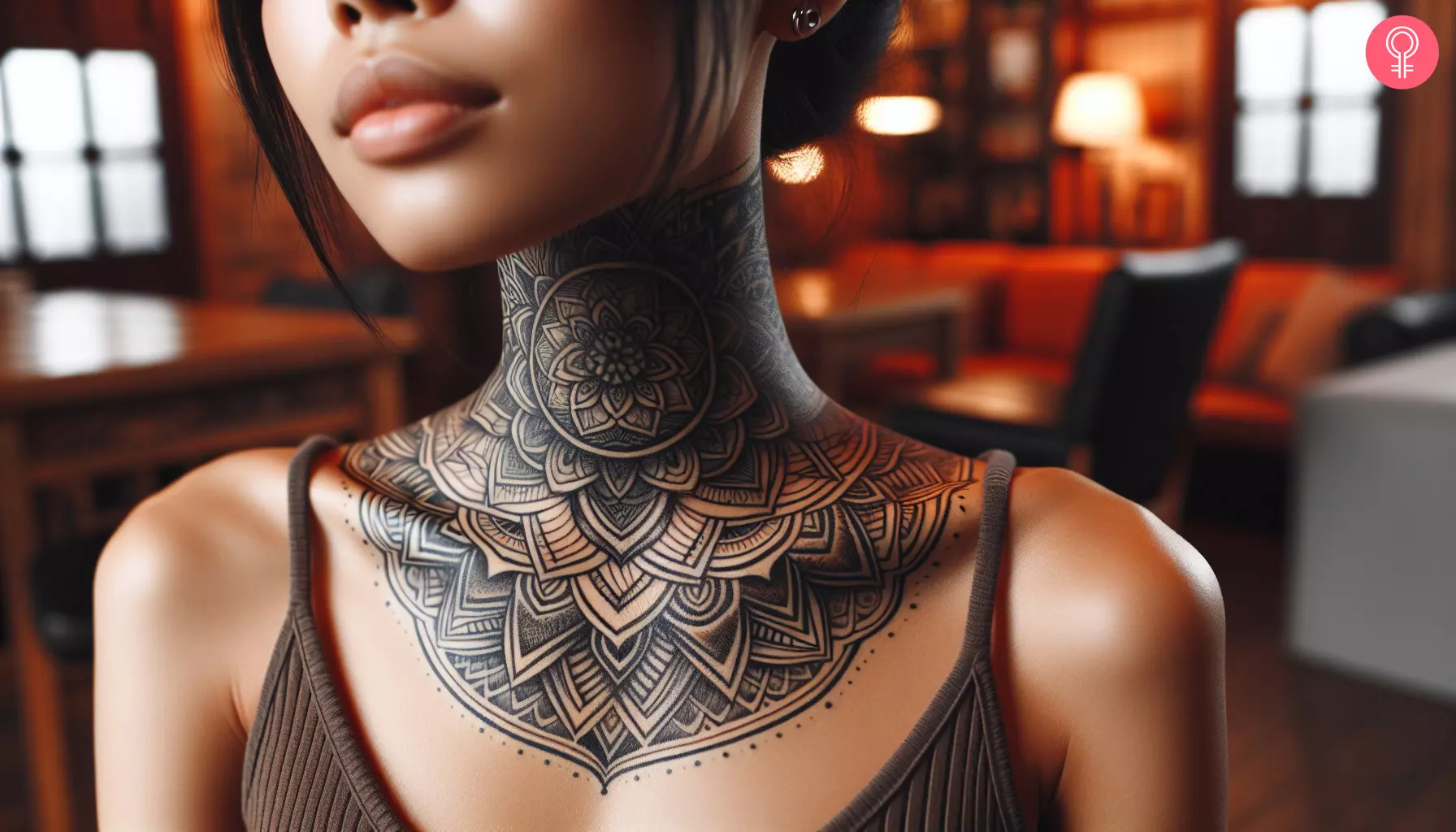 A woman with a mandala throat tattoo