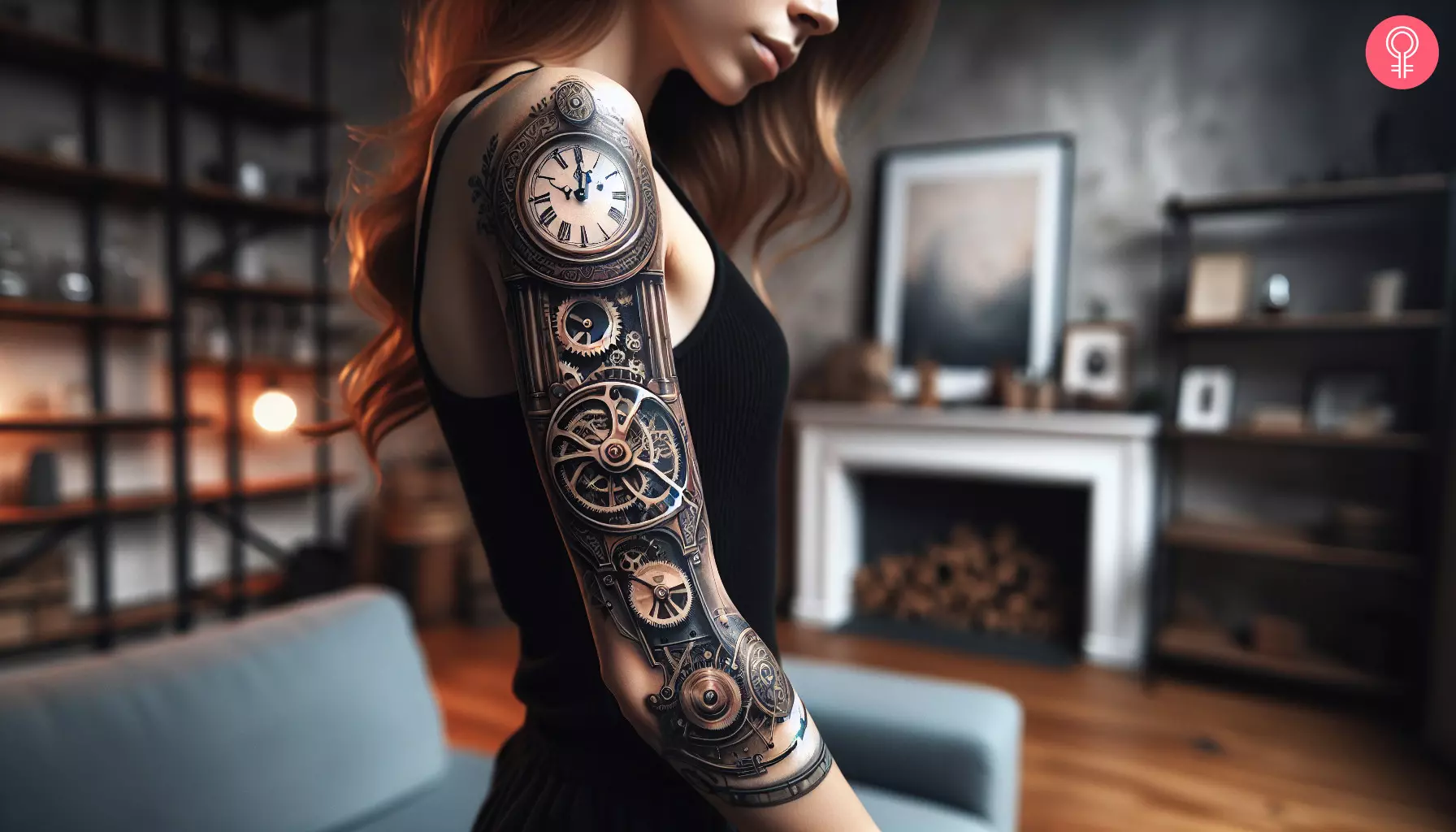 A woman with a steampunk clock tattoo on her arm