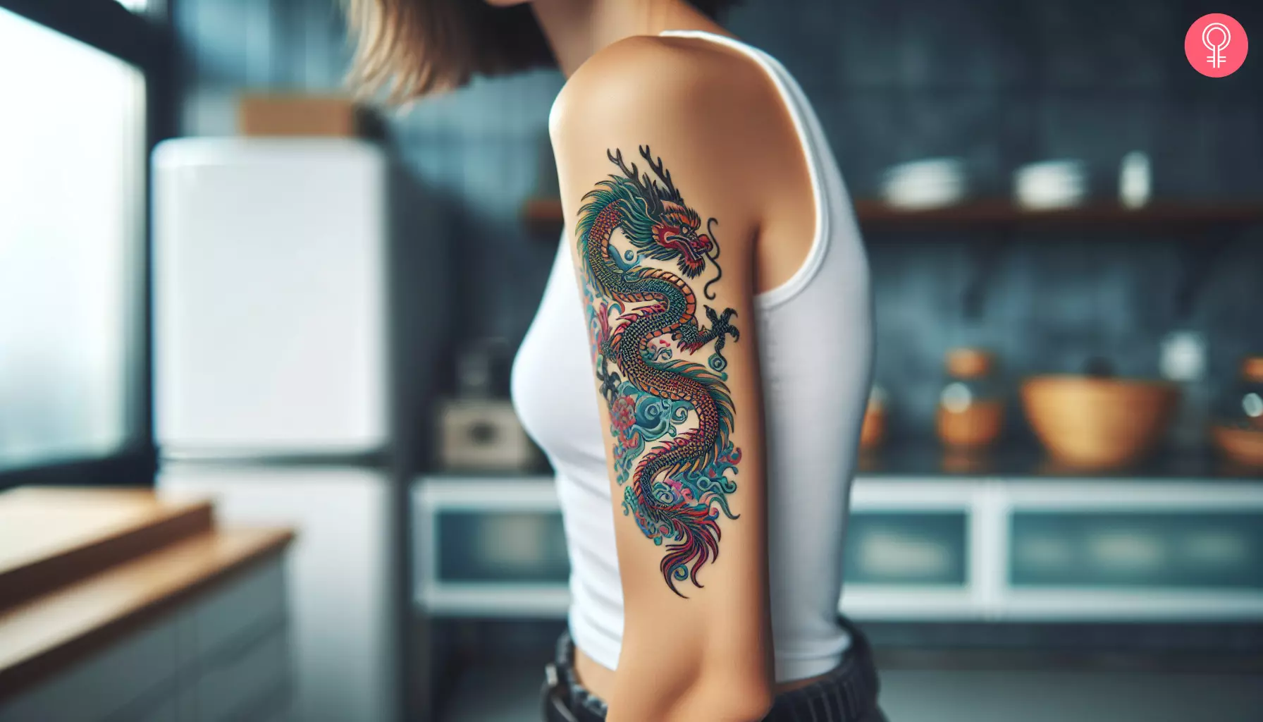 A woman with a vibrant Chinese arm tattoo