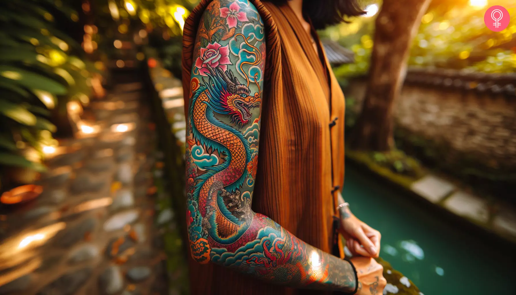 A woman with a vibrant Chinese sleeve tattoo