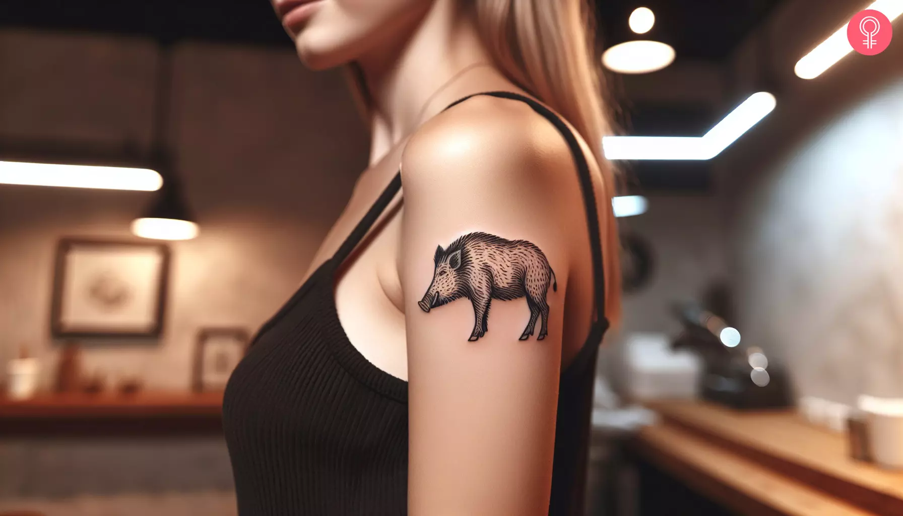 A woman with a wild boar tattoo on her arm