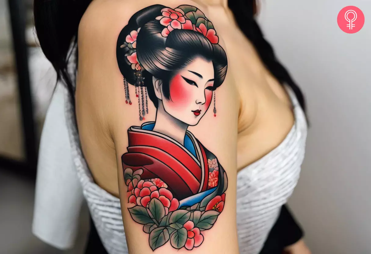 A woman with an American traditional geisha tattoo on her upper arm