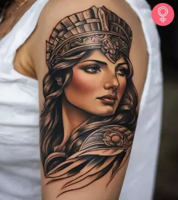 A woman with a Greek statue tattoo on the arm