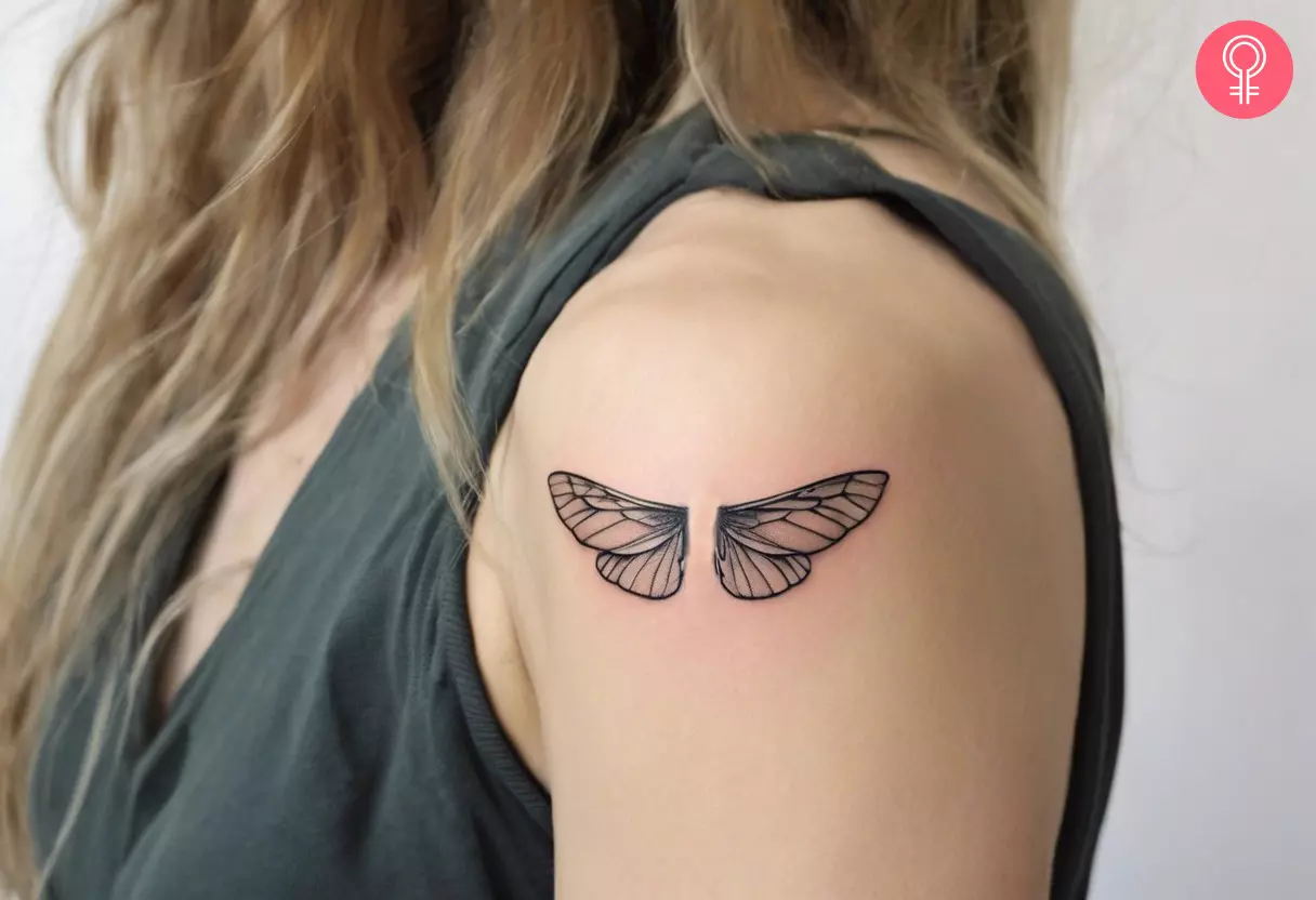 A woman with black and gray cicada wings tattoo