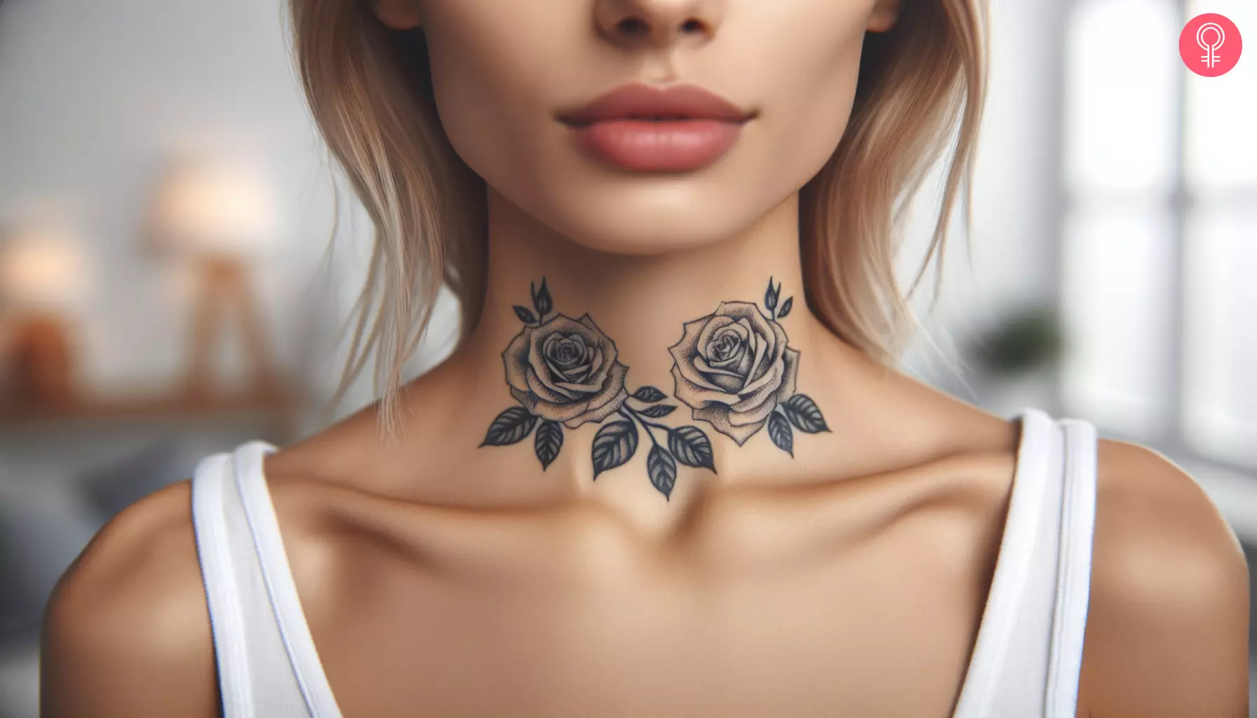 A woman with roses tattooed on her throat