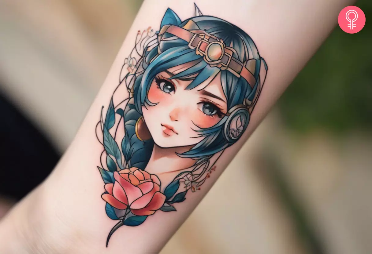 Aesthetic anime tattoo on the forearm