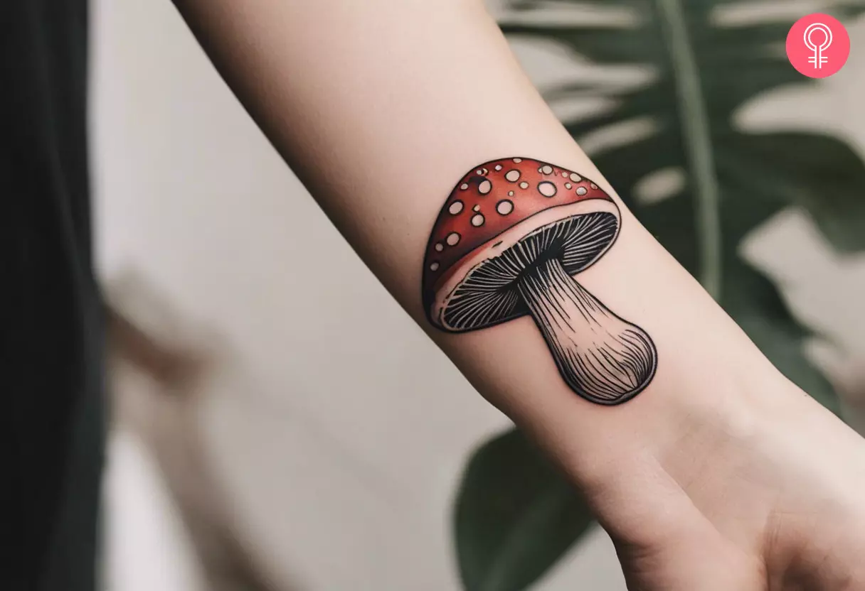 Aesthetic mushroom tattoo on the wrist