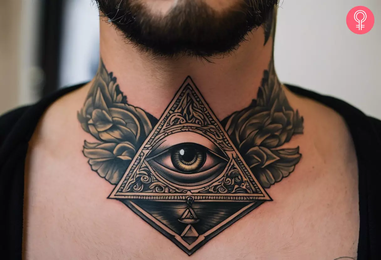 All-seeing eye tattoo on the throat