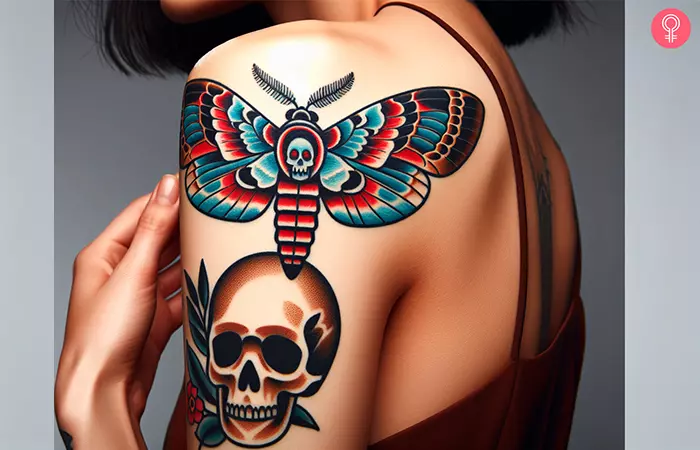 A woman with an American traditional style death moth tattoo