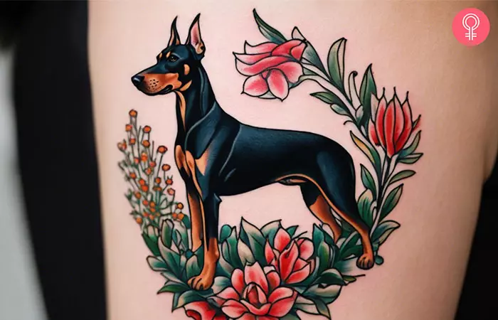 A Doberman tattoo etched in Americal Traditional style