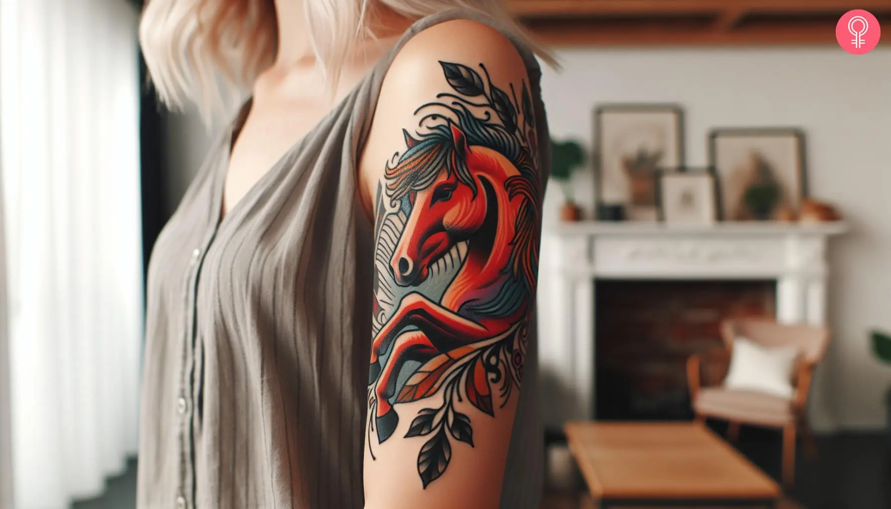 An American traditional horse tattoo on a woman’s upper arm