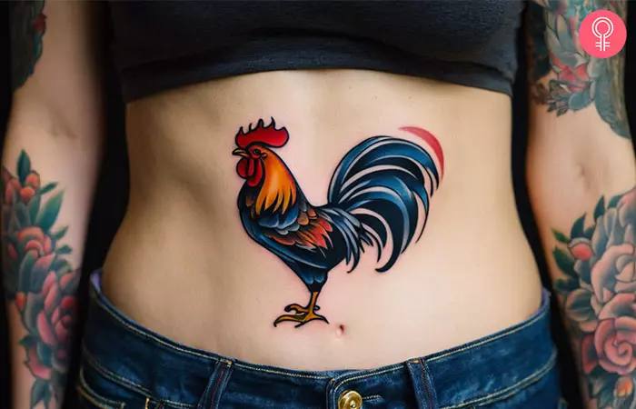 American traditional rooster tattoo on the stomach