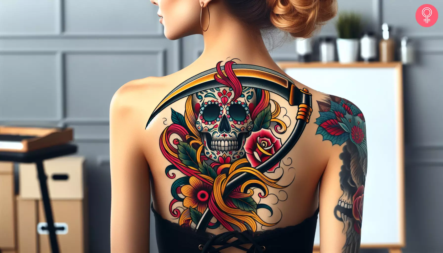 A colorful scythe tattoo featuring a sugar skull on the back