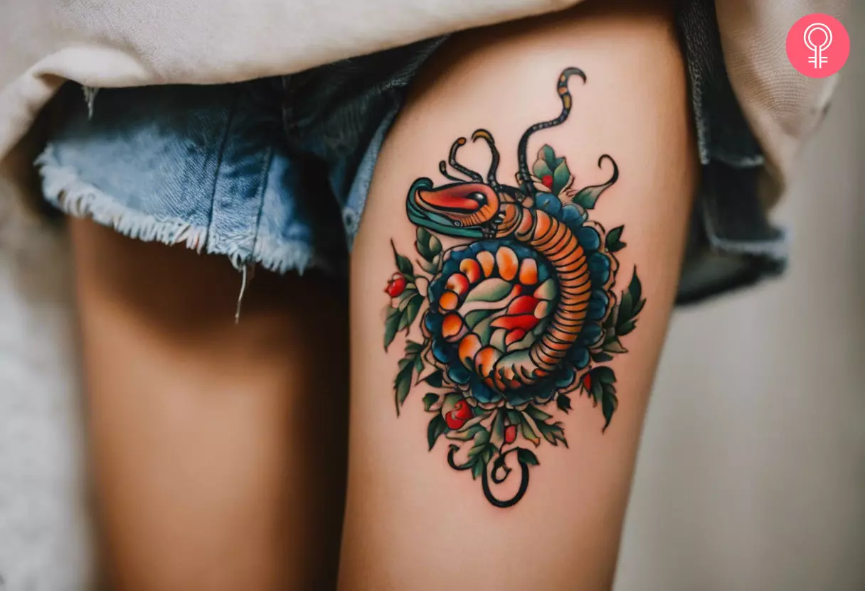 American traditional centipede tattoo on the thigh