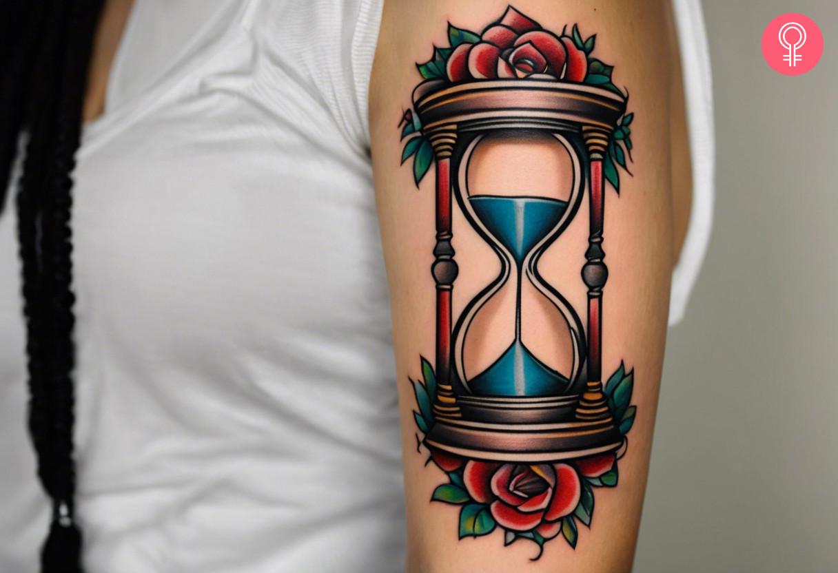 American traditional hourglass tattoo on the arm of a woman