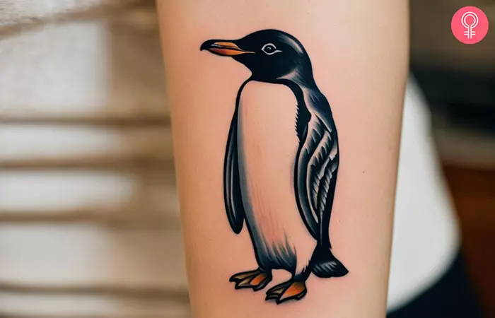 American traditional penguin tattoo on forearm