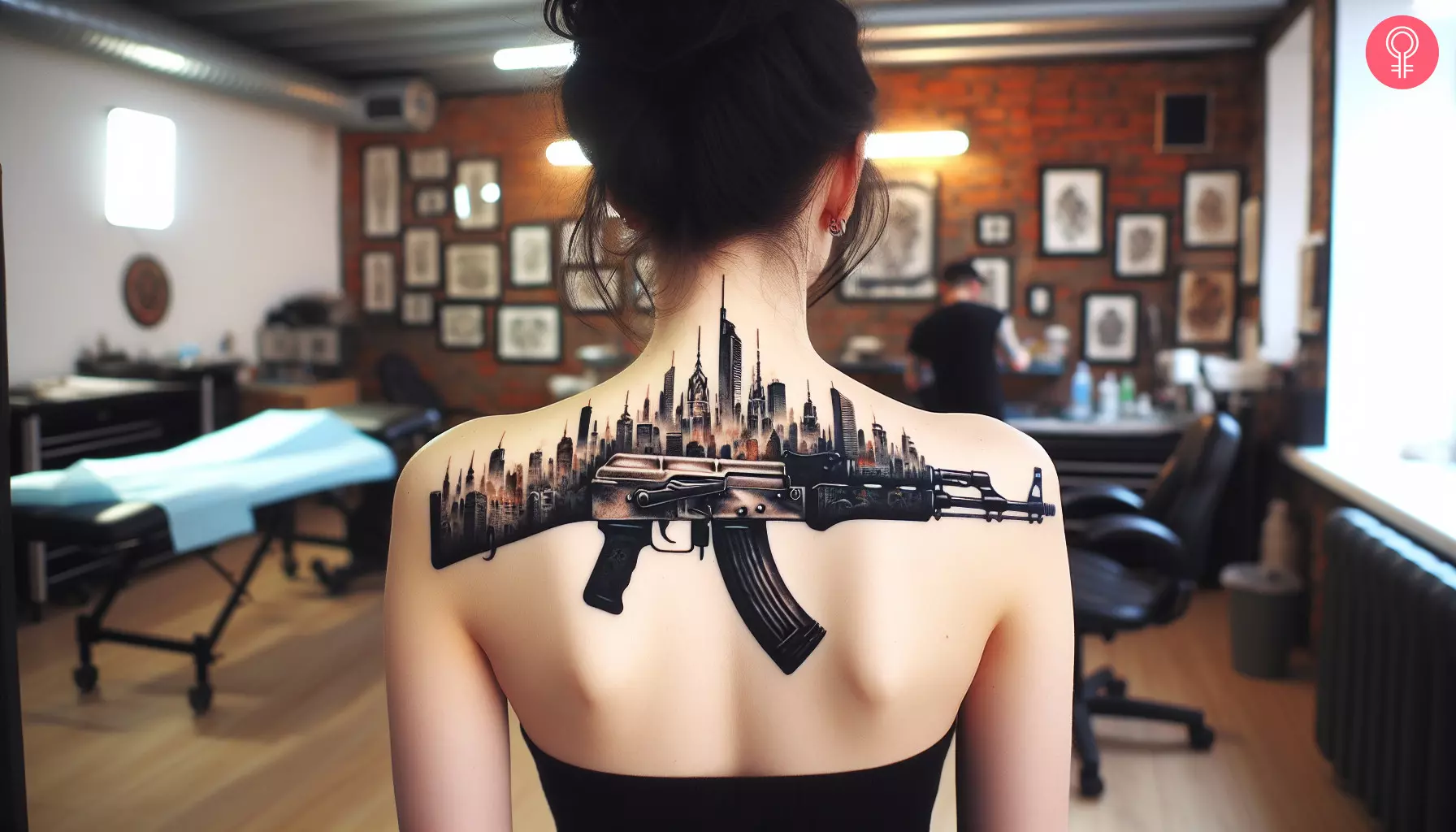 An AK-47 tattoo with a city emerging from the gun