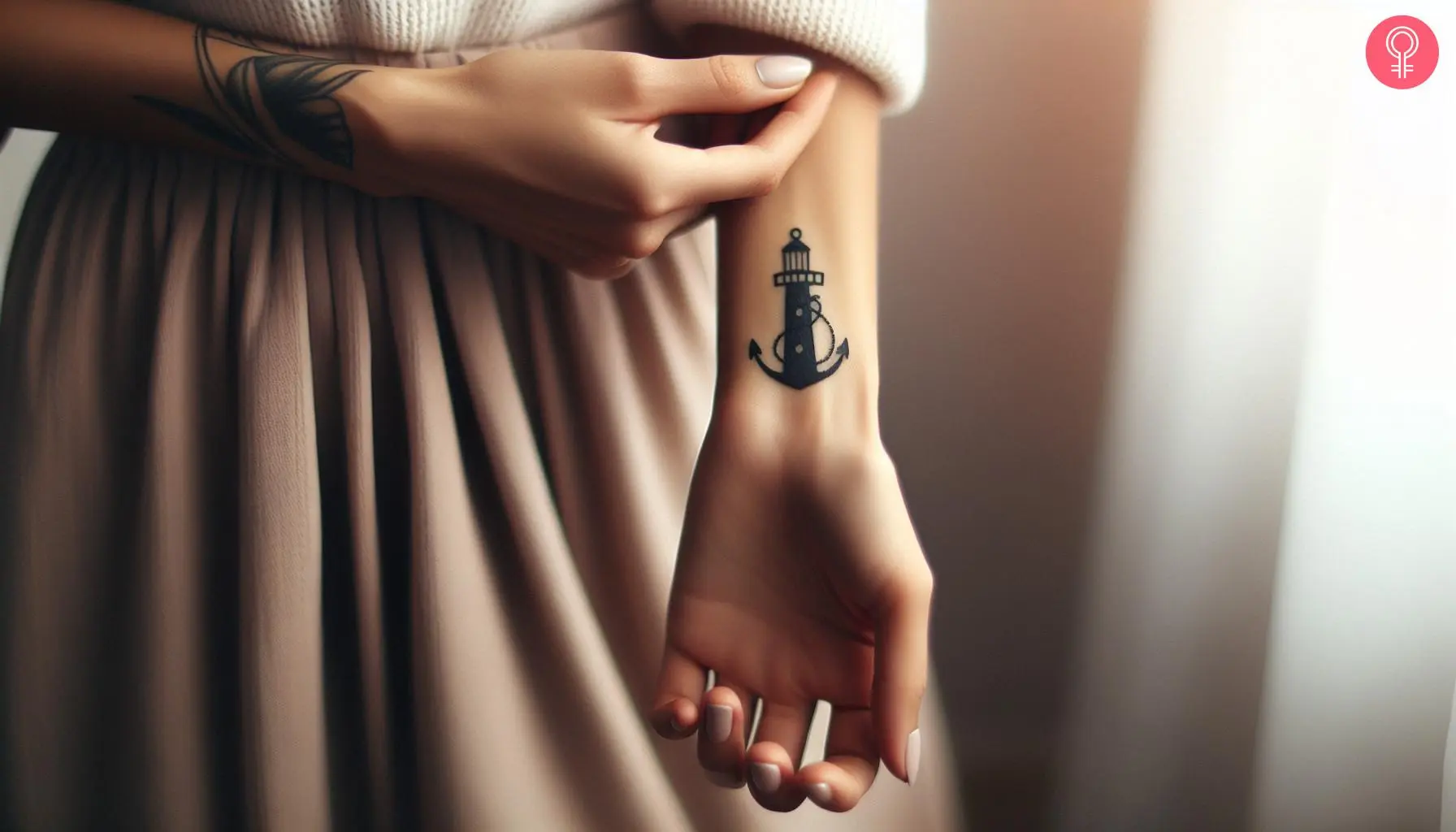 A small silhouette tattoo of a lighthouse merger with an anchor on a woman’s wrist