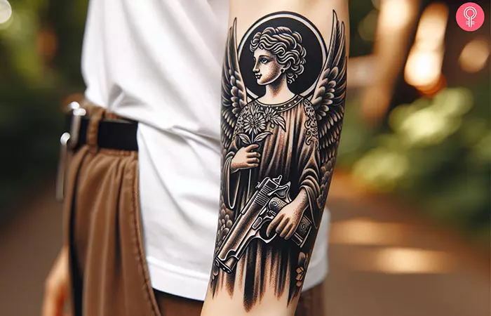 Angel gun tattoo on the forearm