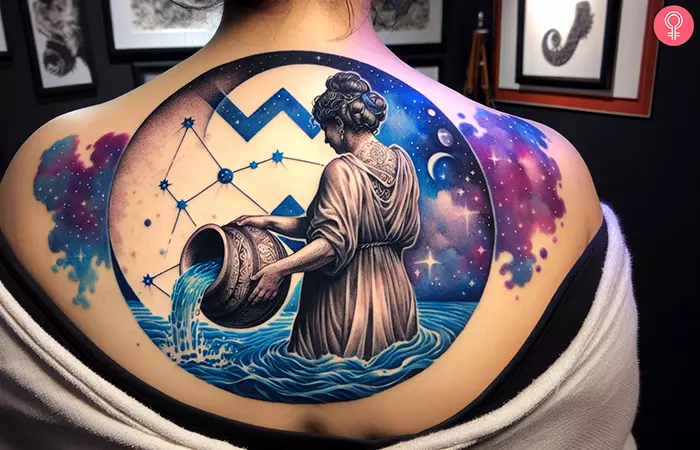 Aquarius water bearer tattoo on the back