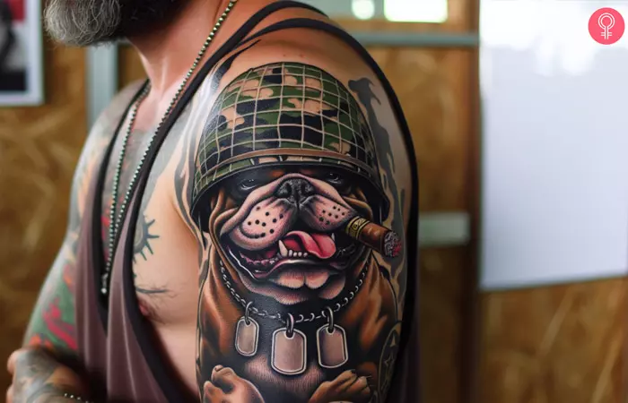 An army bulldog tattoo on the arm of a man