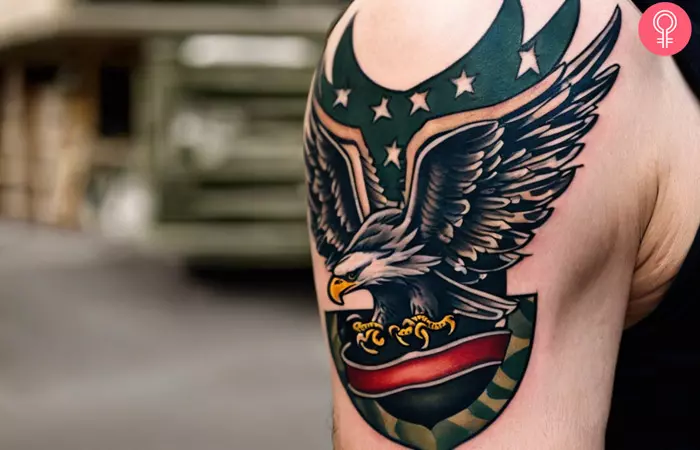 An army eagle tattoo on the arm of a man