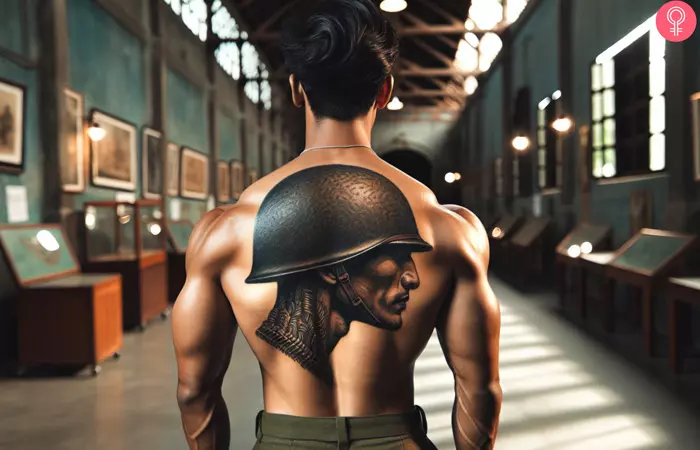 An army helmet tattoo on the back of a man