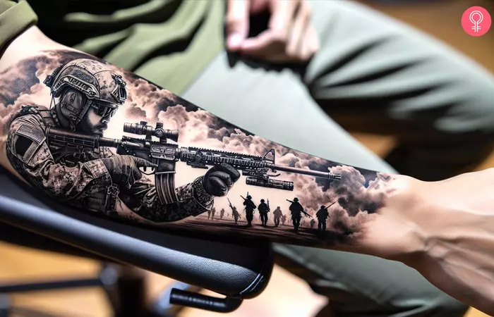 An army sniper tattoo on the forearm of a man