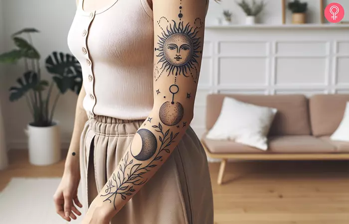 Astrology sun and moon tattoo on the sleeve