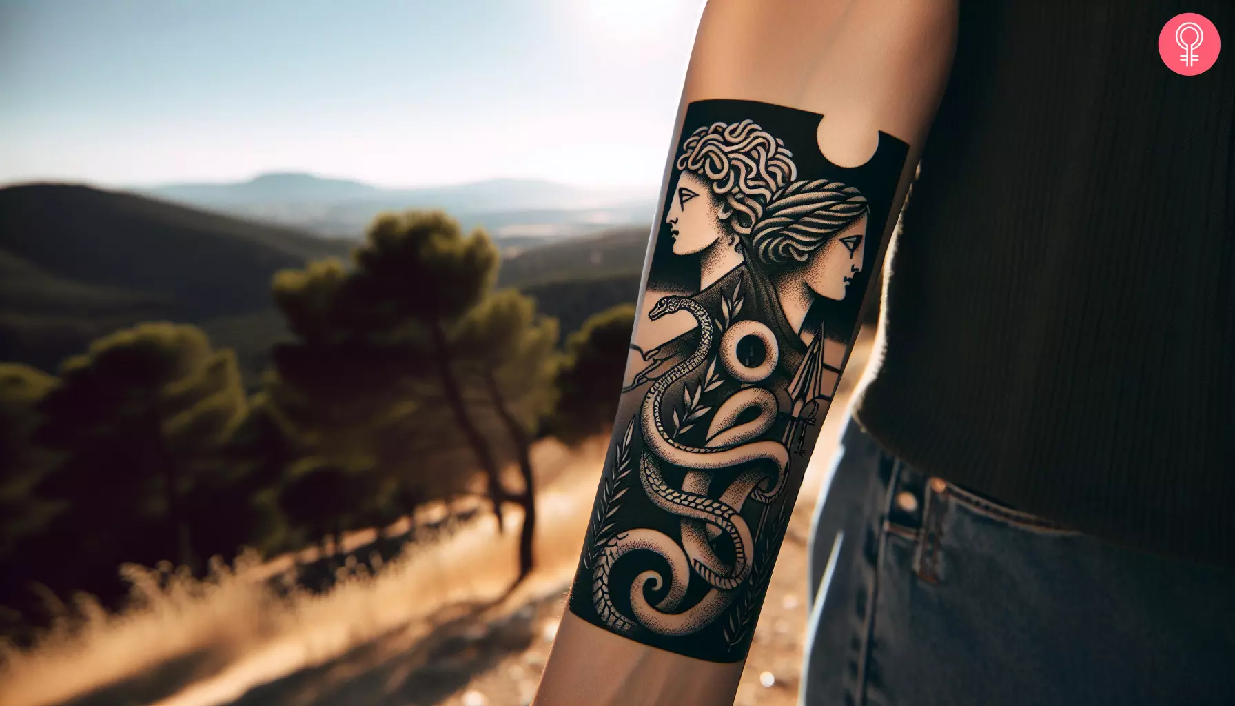 An Athena and Medusa tattoo design on the forearm