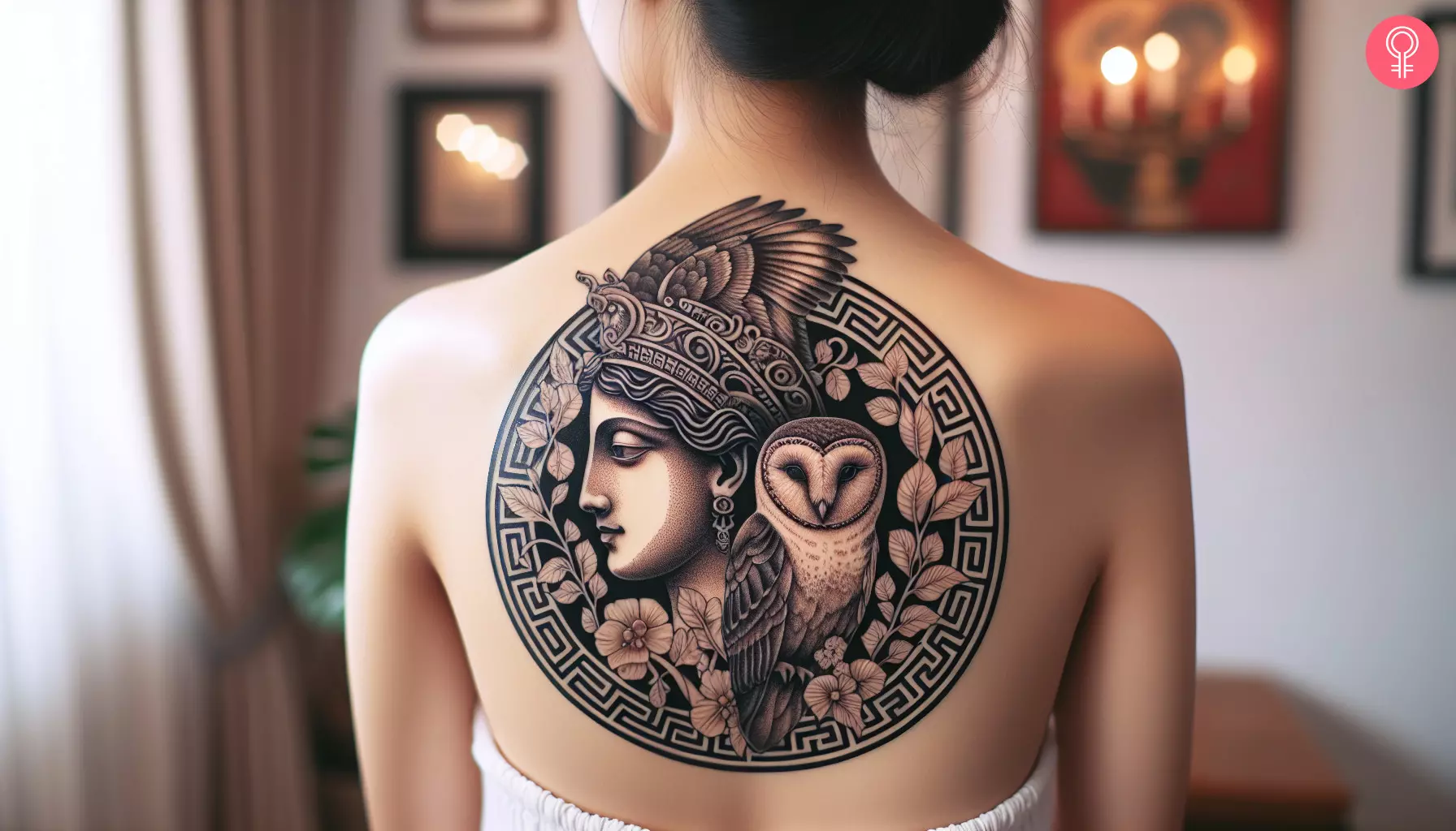 An Athena owl tattoo on the upper back