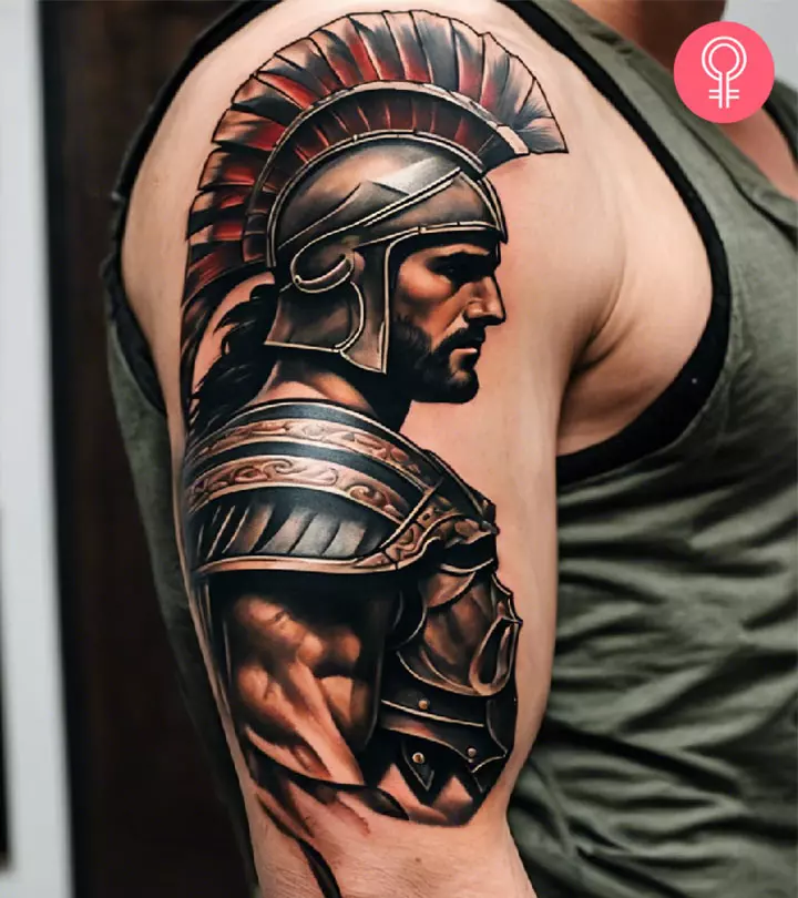 A realistic gladiator tattoo on the arm