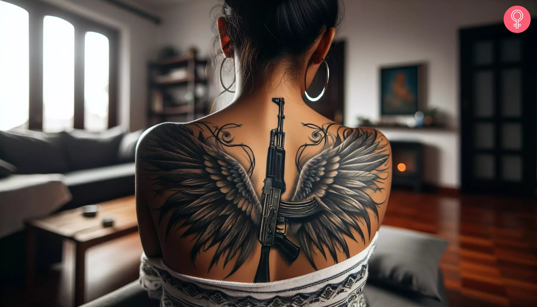 Back tattoo of an AK-47 gun nestled between two black angel wings