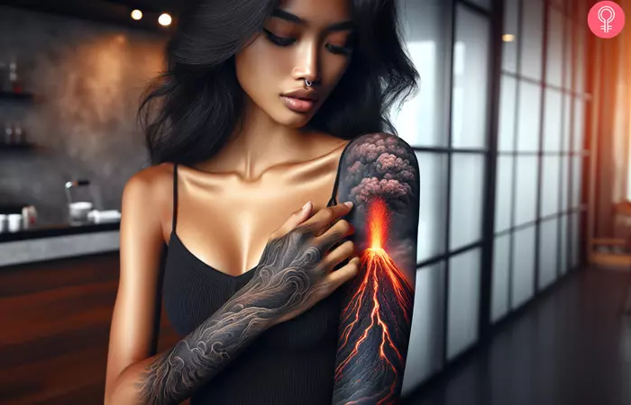 A badass sleeve tattoo design on the arm of a woman