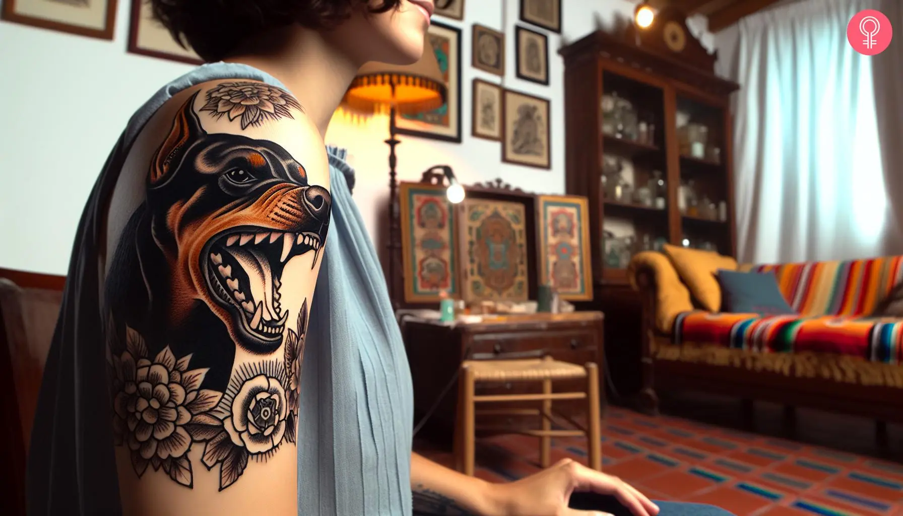 An old-school barking Doberman tattoo on a woman’s upper arm