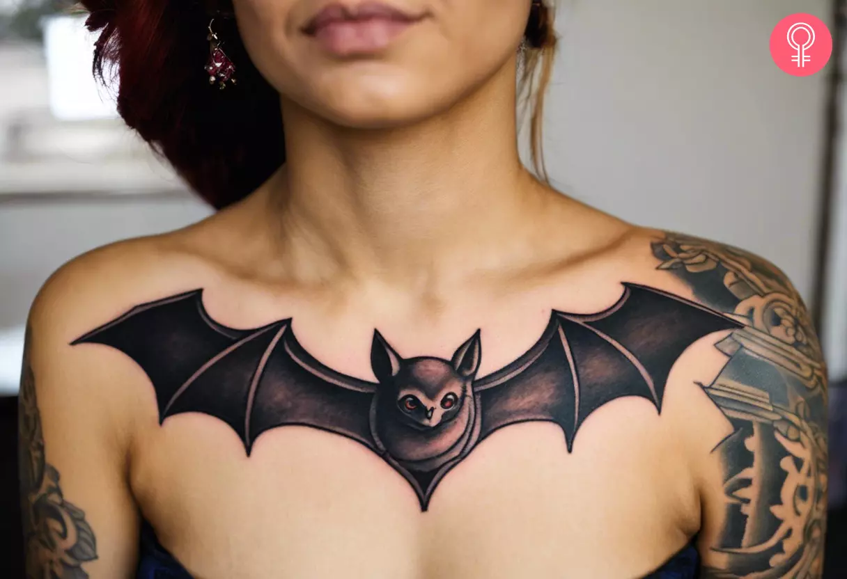 A flying bat tattoo on a woman’s chest 