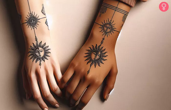 Best friend sun and moon tattoos on the back of the wrist