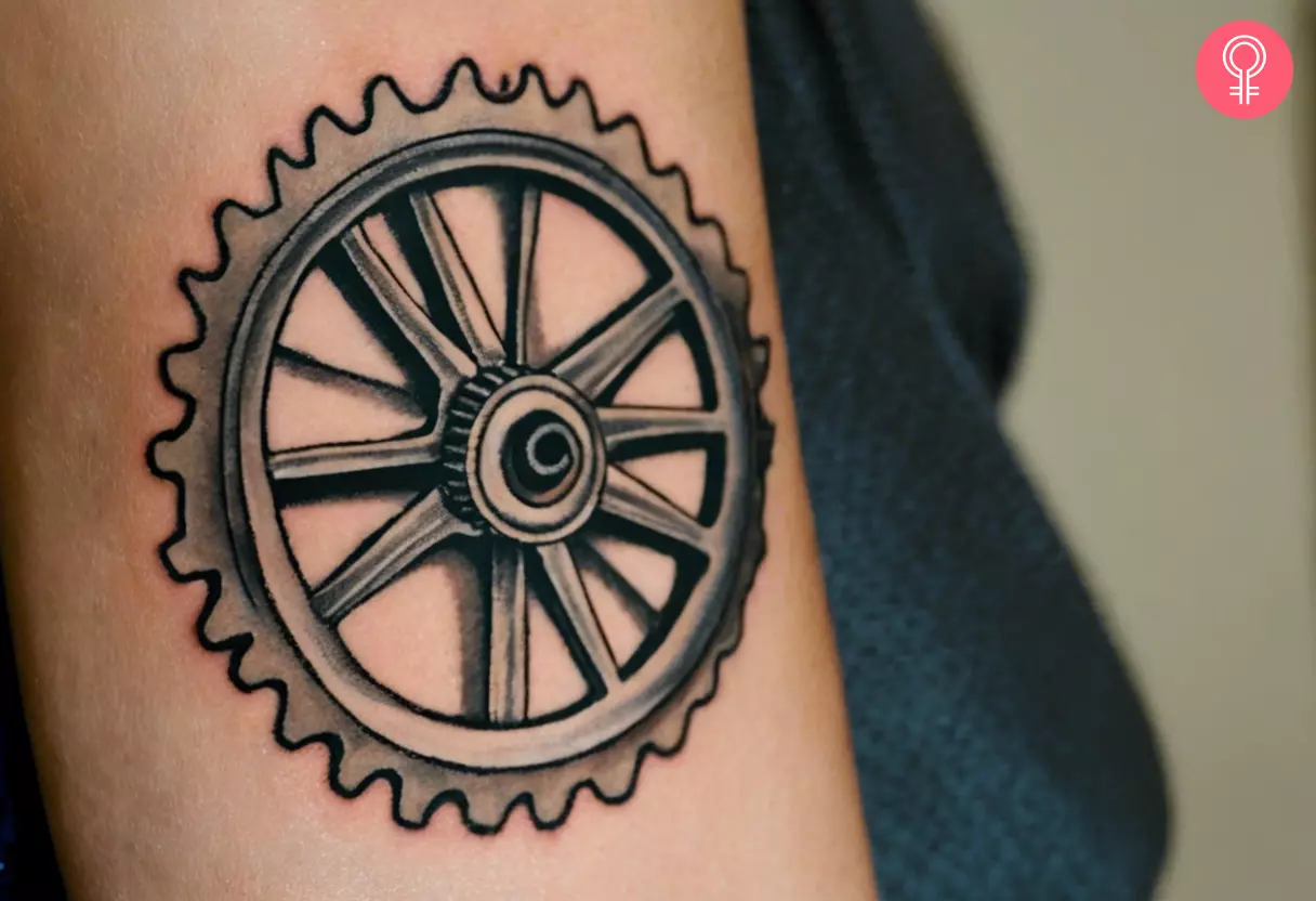 A forearm tattoo of a bicycle gear