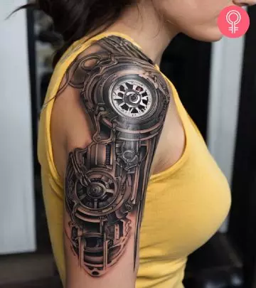 A woman with a cyberpunk tattoo on forearm.